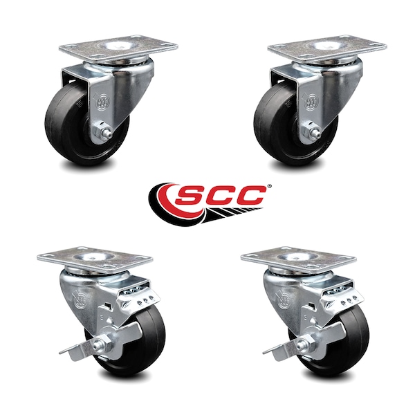 3 Inch Soft Rubber Wheel Swivel Top Plate Caster Set With 2 Brakes SCC
